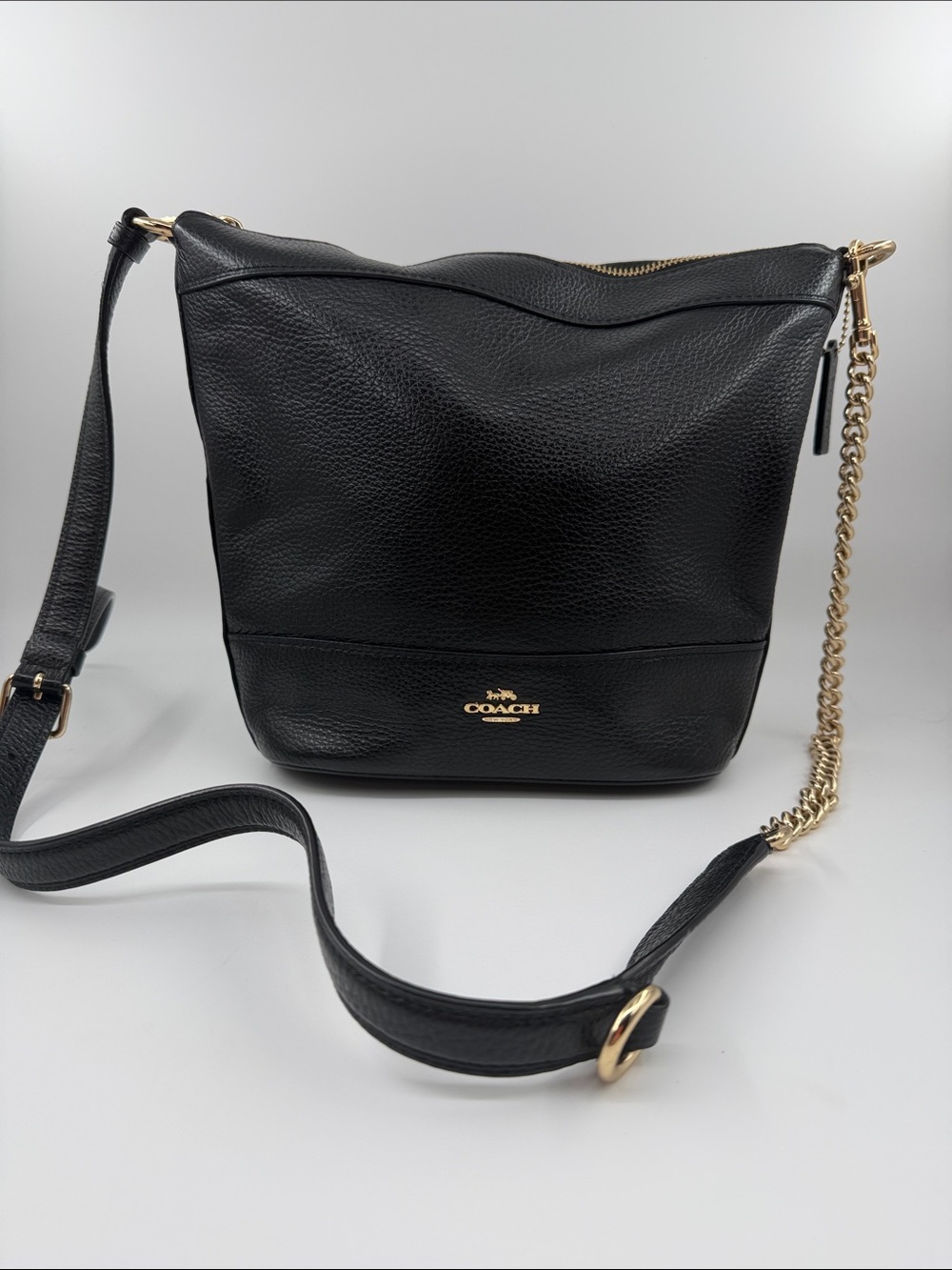 Coach Paxton Duffle Black Pebbled Leather Bucket Bag with Gold Chain Strap